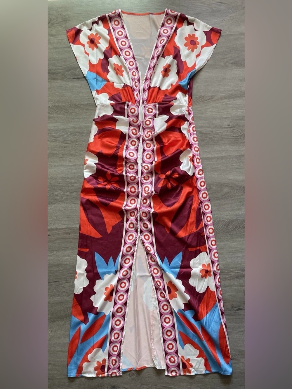 LORA GAL Boho Floral Maxi Dress Medium V-Neck Retro Print Kaftan Summer Vacation